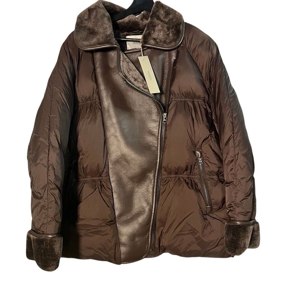 Hudson Moto Faux Leather Bomber Puffer Jacket Faux Fur Trim Cuff Sleeves Lg